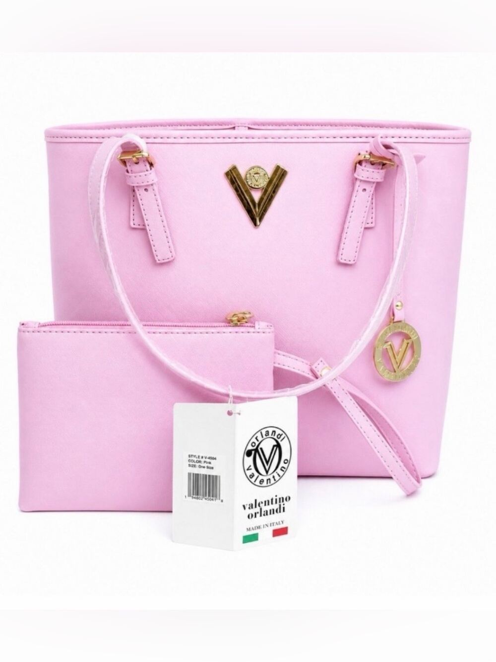 Valentino Orlandi Pink Tote Bag w/ Matching Wristlet Gold Hardware Structure NWT